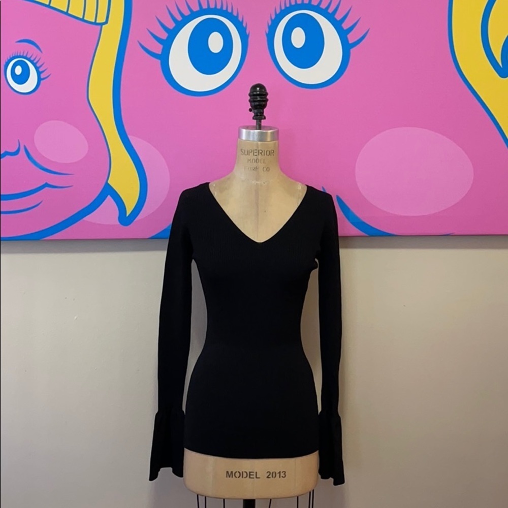 All:Row Black Bell Sleeve V Neck Knit Sweater